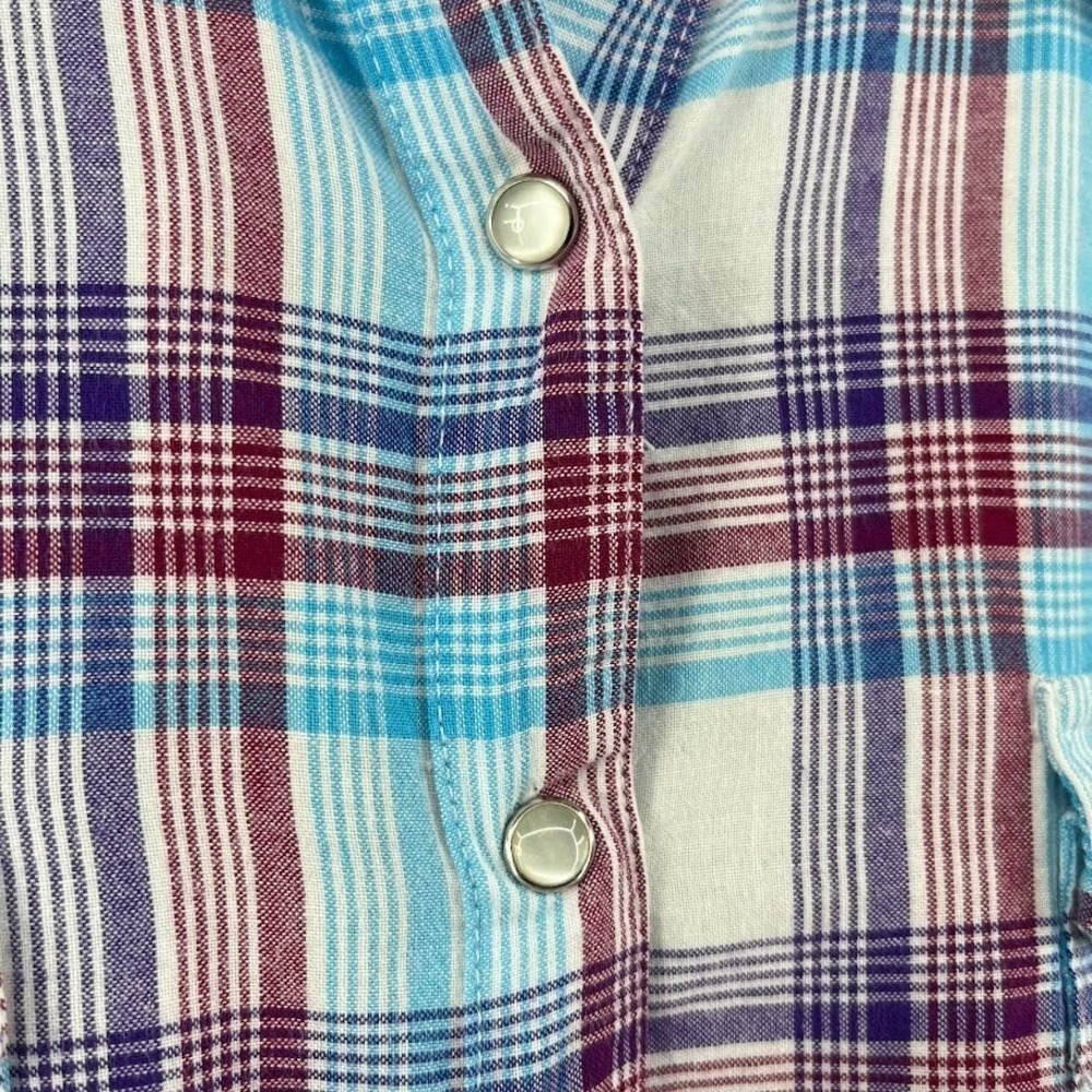 Wrangler Blues Shirt Womens Medium Long Sleeve Pearl Snap Plaid Purple Blue Red - Picture 5 of 9